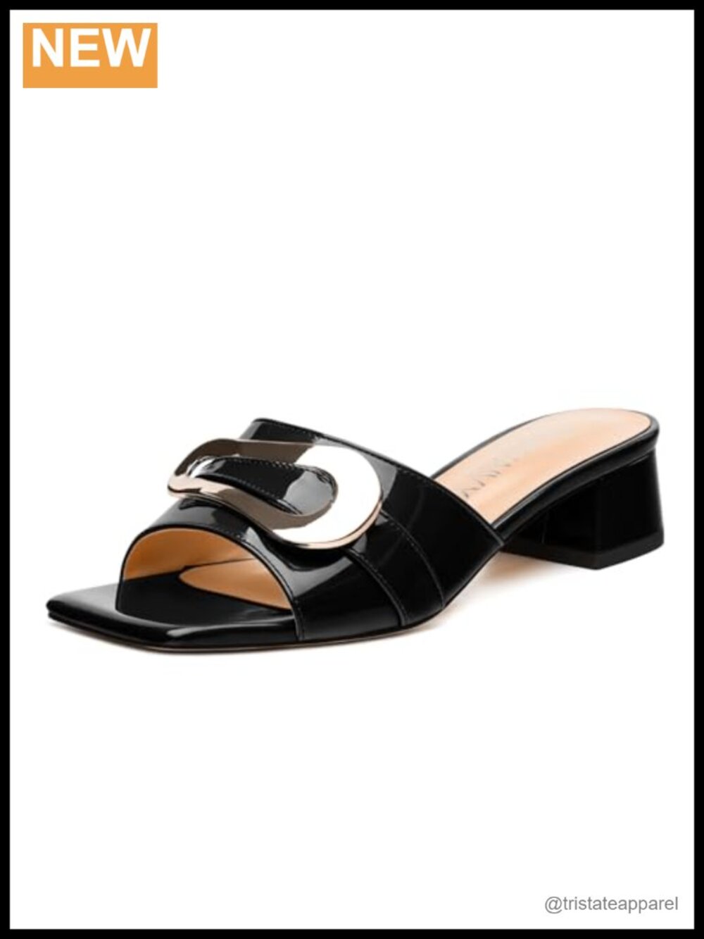 Low Heel Sandals Square Toe Slip-On Gold Metal Accents Chunky Faux Leather